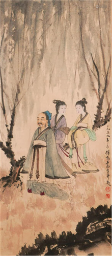 CHINESE PAINTING OF FIGURE GATHERING UNDER T…