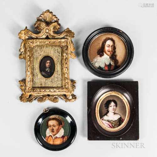Dutch and English Schools, 16th/17th Century Four Framed Miniature Portraits: Dark-haired Woman wit