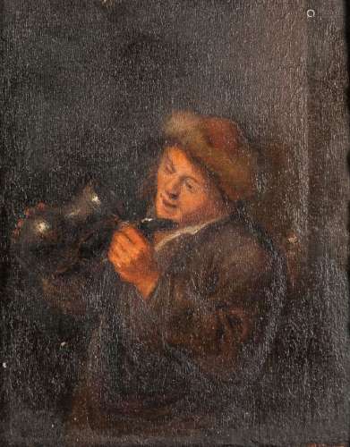 Dutch School, 17th Century Man in a Fur-lined Cap Peering into an Empty Tankard