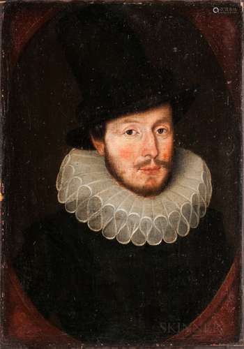 Dutch School, 17th Century Bust-length Portrait of a Man in a Ruff and Tall Hat, in a Painted O