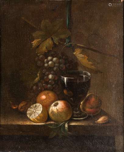 Dutch School, 17th Century Tabletop Still Life with Hanging Grapes, Fruit, and Wineglass