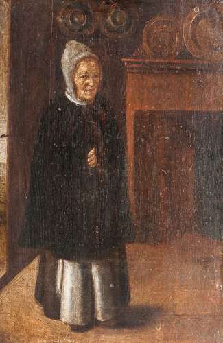 Dutch School, 18th Century Cloaked Woman, Perhaps a Nun, Standing by a Hearth