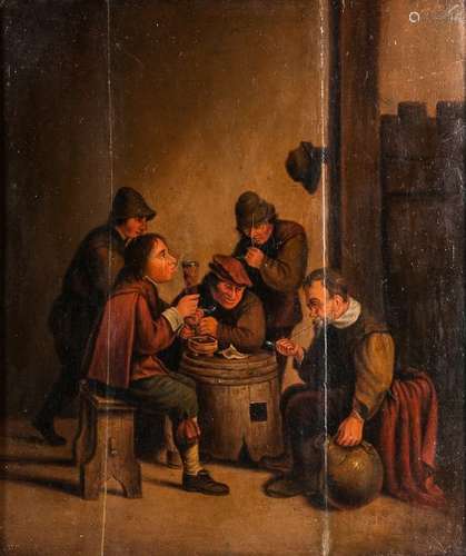 Dutch School, 17th Century Style Men Smoking and Drinking Around a Half-barrel Table