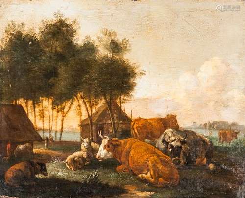 School of Nicolaes Petersz Berchem (Dutch, 1620-1683) Cattle and Sheep in a Farm Landscape