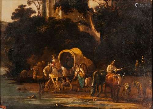 Dutch School, 17th Century Figures, Livestock, and Covered Wagon Crossing a Stream