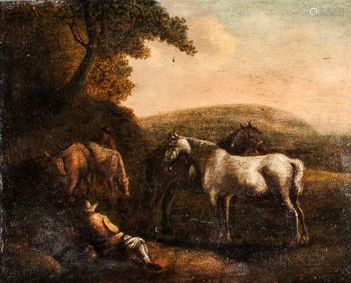 Manner of Philips Wouwerman (Dutch, 1619-1668) Two Herdsmen with Horses and Cattle at Rest