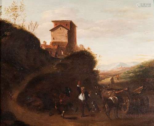 Dutch School, 17th Century Three Peasant Men Dancing Near an Ox-drawn Haycart on a Winding Road