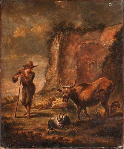 Dutch School, 17th Century Herdsman with Livestock in a Landscape with Ruins