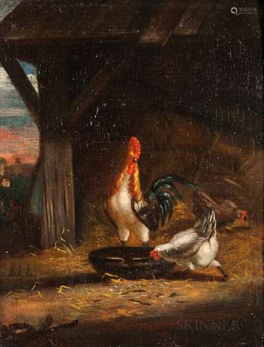 Dutch School, 19th Century Rooster and Hens in a Barnyard