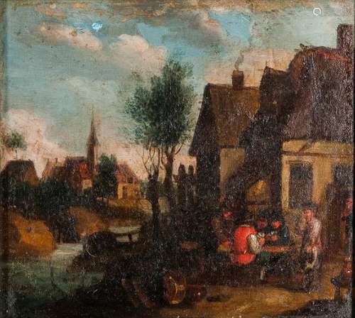 Dutch School, 17th Century Style Village Scene with Stream and Figures Playing Cards Outside a