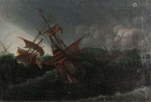 Dutch School, 17th Century Ships Tossed in a Storm at Sea