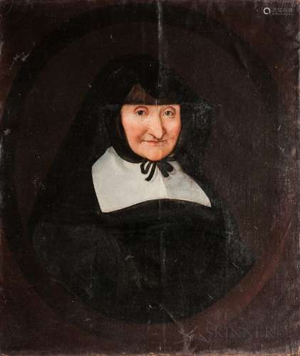 Dutch School, 17th Century Portrait of an Old Woman in a Flat Collar and Black Hood Tied Beneat