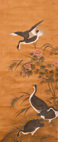 CHINESE SILK HANDSCROLL PAINTING OF …