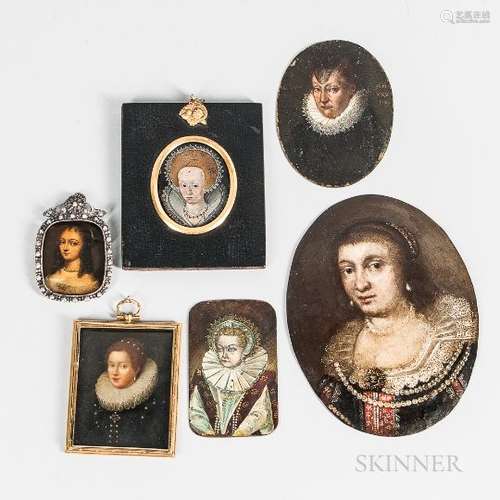 Dutch and English Schools, 16th-18th Century Six Miniature Portraits of Aristocratic Women, One