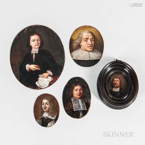 Dutch School, 17th Century Five Oval Miniature Portraits of Men in Falling Band Collars, One Po