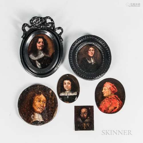 English and Dutch Schools, 16th/17th Century Style, Six Miniature Portraits of Men, Most in Black wi