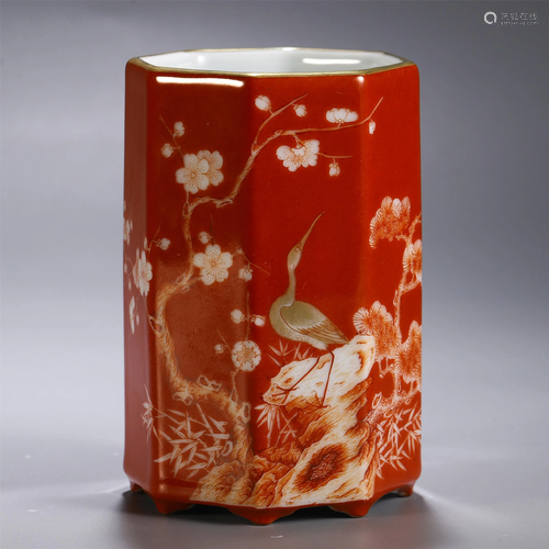 CHINESE RED AND GLAZE FLOWER AND BIRD O…