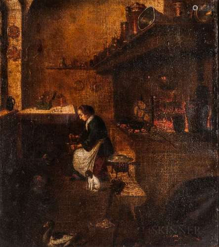 Manner of Thomas de Wijck (Dutch, c. 1616-1677), Kitchen Interior with Maid Working, with a Small Do