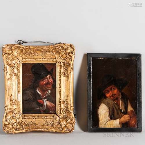 Dutch School, 17th Century Two Small Heads of Peasant Men Enjoying Drink