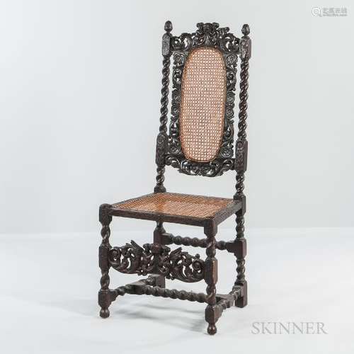 Caned Carved Walnut High-back Chair