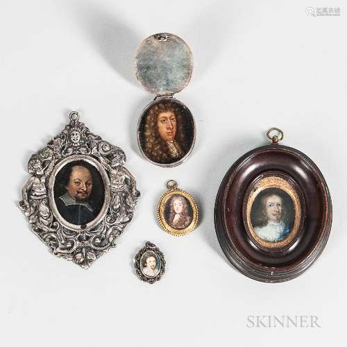 Dutch or English Schools, 17th Century Five Framed Miniature Portraits of Men