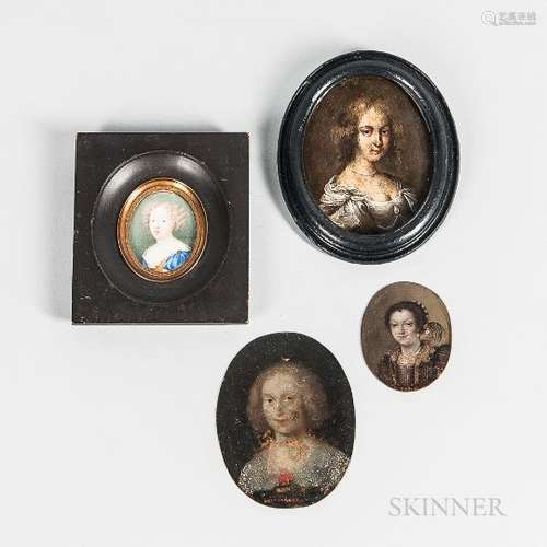 Continental School, 17th/18th Century Four Miniature Portraits of Elegant Women, One Inscribed