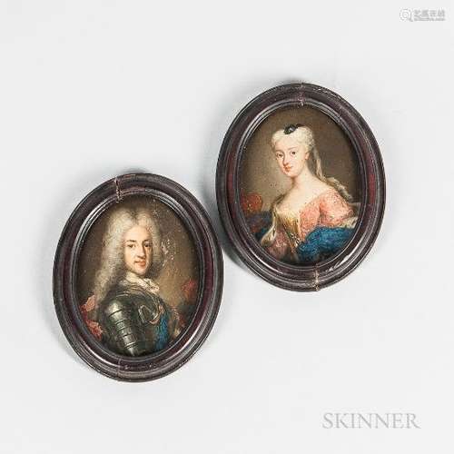 Continental School (Possibly French), 18th Century Pair of Pendant Miniature Portraits of a Kin