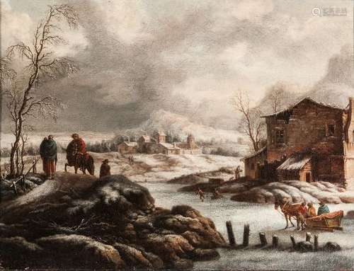 Dutch School, 17th Century Rural Landscape in Snow with Figures on the Ice