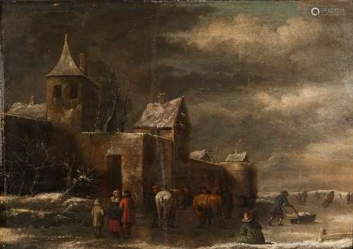 Dutch School, 17th Century Dark Winter Day with Figures on the Ice Outside a Walled Town