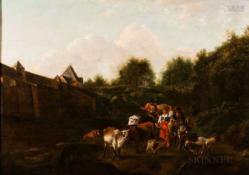 Dutch School, 18th Century Heading to Market, Peasants and Livestock Outside a Walled Town