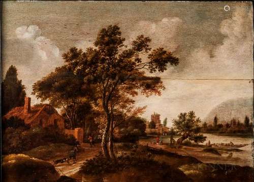 Attributed to Adriaen de Vries (Dutch, 1550-1626) Figures and Building by a Quiet River