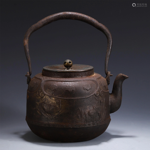 CHINESE GILT BRONZE LONG HANDLE KETTLE