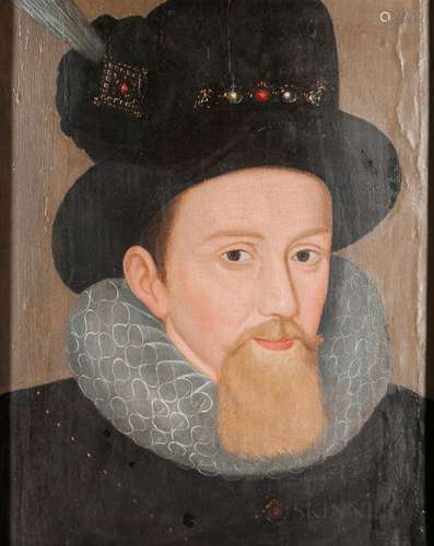 Anglo/Dutch School, Late 16th Century Style, Head of Man in a Feathered Hat with Jeweled Band and Ru