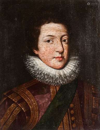 Dutch School, 17th Century Portrait of a Youth in a Ruff, Red and Gold Jacket, and Green Sash