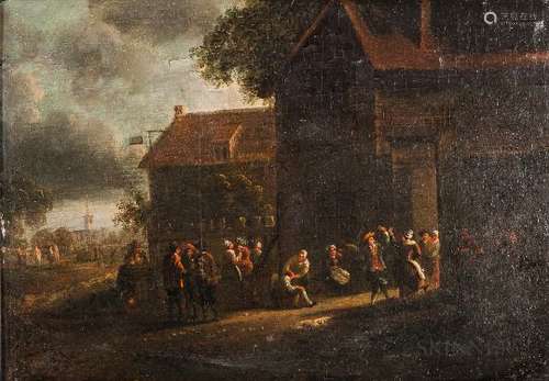 Dutch School, 17th Century Dancing and Conversation in the Light of an Open Tavern Door