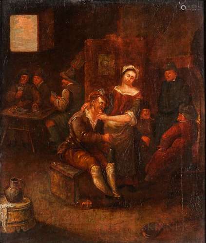 Dutch School, 17th Century Style Tavern Interior with Foreground Couple, Card Players in Back