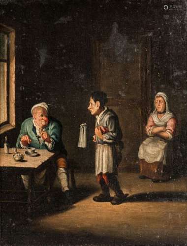 Dutch School, 17th/18th Century Tavern Interior with Man Signaling for a Refill