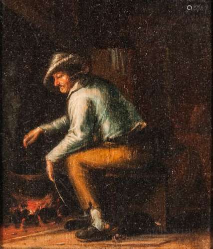 Dutch School, 17th Century Seated Man Tending a Cauldron at an Open Hearth