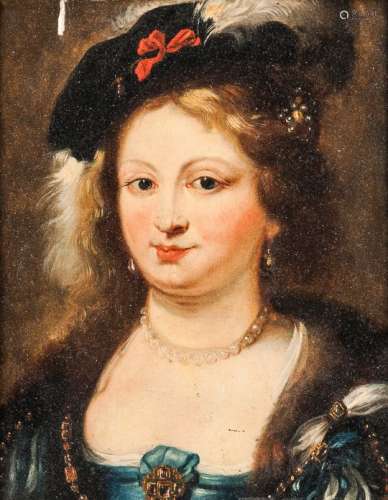 Dutch School, 17th Century Head of an Elegant Young Woman in a Black Velvet Plumed Cap, Pearls,
