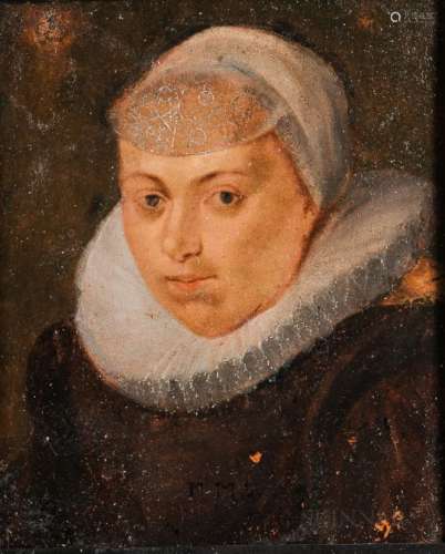 Dutch School, 17th Century Style Head of a Woman in a Ruff and White Cap, Both Accented in Silv
