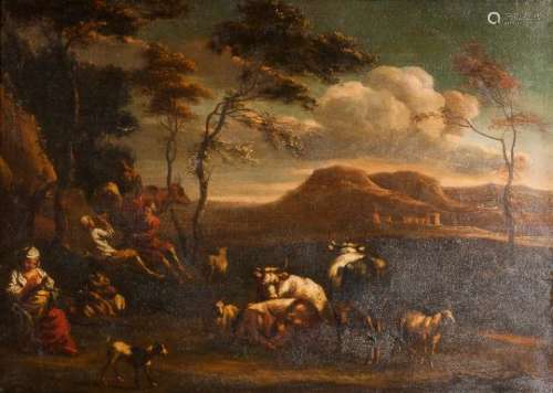 Dutch School, 17th Century Style Peasants and Livestock Resting in a Hilly Landscape with Dista
