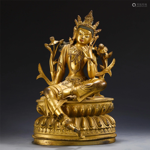 CHINESE GILT BRONZE SEATED GUANYIN ON LOTUS