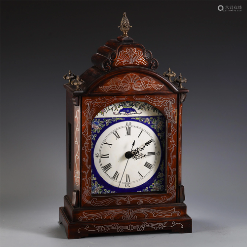 CHINESE ROSEWOOD SILVER CARVED MANTLE CLOCK