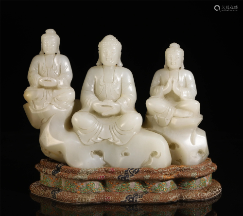 THREE CHINESE JADE CARVED SEATED BUDDHA TAB…