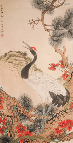 CHINESE PAINTING OF CRANE AND PINE BY SHEN …
