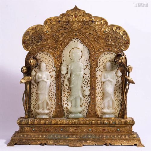 CHINESE JADE CARVED STAND GUANYIN IN GILT BR…