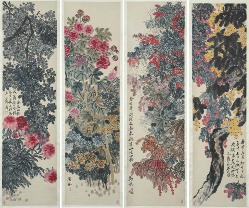 SET OF 4 CHINESE PAINTING OF FLOWERS BLOS…