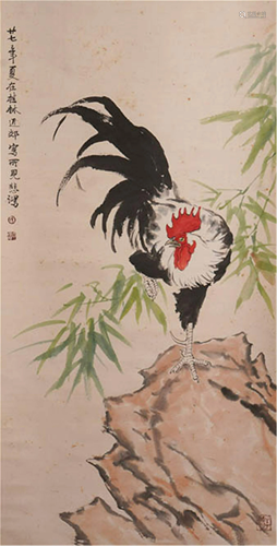 CHINESE PAINTING OF ROOSTER ON ROCK BY XU B…