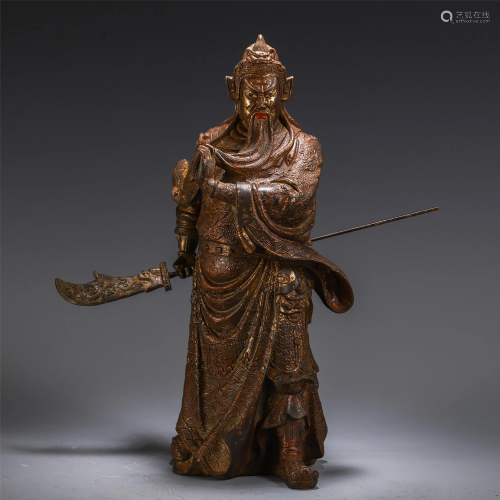 CHINESE GILT BRONZE STAND GUANGONG STATUE