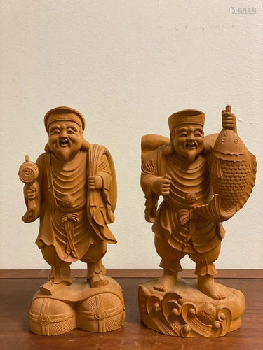 Pair Japanese Carved Wood Figurines